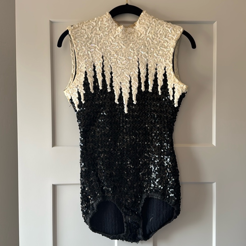 Vintage 1970s Black & White Sequin Majorette Bodysuit – Rare